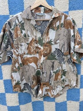 Vintage Safari Animal Print Button-Down Shirt in Brown, Tan, Green, Black